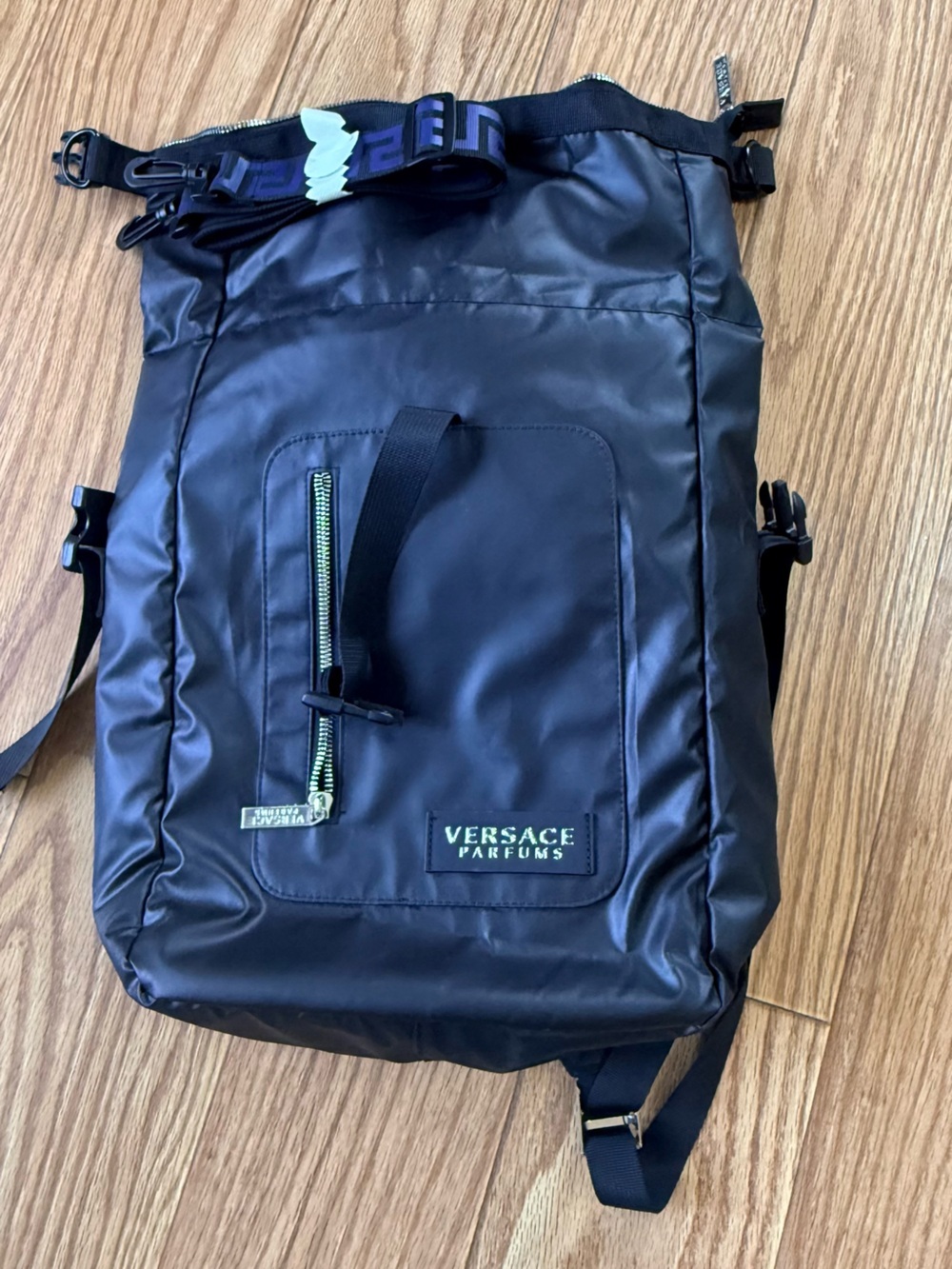 VERSACE Parfums Backpack Black Blue Travel Carryon Item 14\" x 18\" x 4\" - New